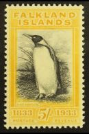 1933 5s Black And Yellow Centenary Of British Admin "King Penguin", SG 136, Very Lightly Hinged Mint With Slightly... - Falkland Islands