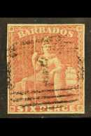 1858 6d Pale Rose Red Imperf, SG 11, Very Fine Used With Clear Margins All Round, Lovely Even Colour And Neat "1"... - Barbados (...-1966)