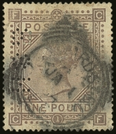 1867-83 £1 Brown- Lilac, Wmk Anchor On Blued Paper, SG 132, Used Spacefiller, Perfin & Some Creasing.... - Autres & Non Classés