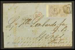 1860 (4th August) Entire To Genova Bearing 6d Lilac PAIR (no Letters) Tied Stratford London District Barred Cancel... - Sonstige & Ohne Zuordnung