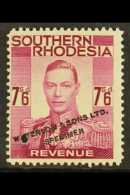 REVENUE COLOUR TRIAL. 1937 7s6d Purple (issued In Black, Barefoot 19) With Small Punch Hole And Black "Waterlow... - Southern Rhodesia (...-1964)