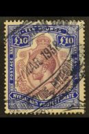 1913-21 KGV £10 Purple And Royal Blue (SG 99e, Barefoot 2), Very Fine Fiscally Used. For More Images, Please... - Nyasaland (1907-1953)