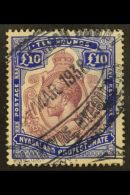 1913-21 KGV £10 Purple And Royal Blue (SG 99e, Barefoot 2), Very Fine Fiscally Used. For More Images, Please... - Nyassaland (1907-1953)