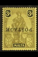 1926 3d Black/yellow With "POSTAGE" Overprint Inverted, SG 149a, Fine Mint. For More Images, Please Visit... - Malta (...-1964)
