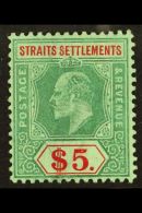 1906-12 $5 Dull Green & Red On Green, Wmk Mult Crown CA, SG 167, Fine Mint. For More Images, Please Visit... - Straits Settlements