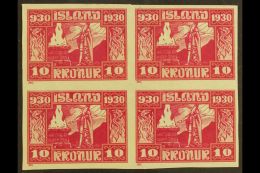 1930 10kr Lake And Claret Parliamentary Millenary, Facit 187, As An IMPERF BLOCK OF FOUR, Never Hinged Mint. (4... - Otros & Sin Clasificación