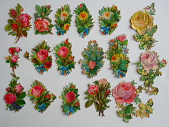 Fin XIXème : Lot 17 Chromos Découpis FLEURS DE ROSES Différents - Fleurs