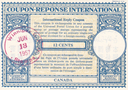 #BV3752   COUPON RESPONSE INTERNATIONAL,  INTERNATIONAL REPLY COUPONS, 12 CENTS, 1957, CANADA. - Buoni Risposta Internazionali (Coupon)