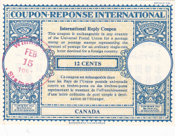 #BV3752   COUPON RESPONSE INTERNATIONAL,  INTERNATIONAL REPLY COUPONS, 12 CENTS, 1957, CANADA. - Coupons-Réponses