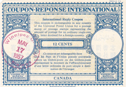 #BV3752  COUPON RESPONSE INTERNATIONAL,  INTERNATIONAL REPLY COUPONS, 12 CENTS, 1957, CANADA. - Antwortcoupons