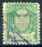 SWITZERLAND SUISSE SCHWEIZ SVIZZERA 1865 CANTON DE VAUD CENT. 10 10c FISCAL STAMP REVENUE USATO USED OBLITERE - Revenue Stamps