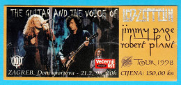 JIMMY PAGE & ROBERT PLANT ... LED ZEPPELIN - 1998. Croatian Concert Ticket Billet Biglietto Boleto - Konzertkarten