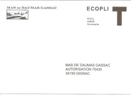 Lettre T Mas De Daumas Gassac Ecopli 20gr - Cartes/Enveloppes Réponse T