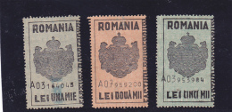 #200  JUDICIAL STAMPS, REVENUE STAMP, COAT OF ARMS, 1 000,2 000 , 5 000 LEI,  THREE STAMPS, ROMANIA. - Fiscale Zegels