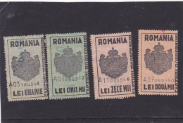 #200  JUDICIAL STAMPS, REVENUE STAMP, COAT OF ARMS, 1 000,2 000 , 5 000, 10 000 LEI,  FOUR STAMPS, ROMANIA. - Steuermarken