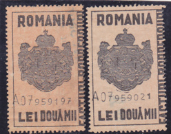 #200  JUDICIAL STAMPS, REVENUE STAMP, COAT OF ARMS, 2 000 LEI,  TWO STAMPS, DIFERENT COLOUR, ROMANIA. - Fiscaux