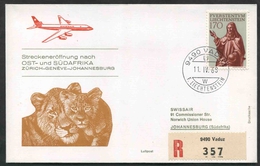 1968 Liechtenstein, Primo Volo First Fly Swissair Zurigo - Ginevra - Johannesburg, Timbro Di Arrivo - Briefe U. Dokumente