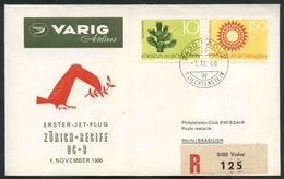 1966 Liechtenstein, Primo Volo First Fly Erste Jet-flug Varig Airlines Zurigo - Recife (Brasile), Timbro Di Arrivo - Cartas & Documentos