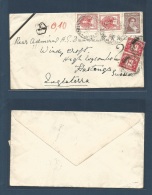 Argentina - Xx. 1950 (5 Apr) Miramar - Hastings, UK (13 May) Multifkd Env + Taxed + Arrival (x2) Pair Postage Dues, Tied - Otros & Sin Clasificación