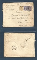 Belgium. 1893 (4 Sept) Val St Lambert - USA, NYC. Envelope Via England Fkd 25c Blue (x2) + 50c Bister, Cds. VF.. Cover, - Otros & Sin Clasificación