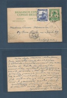 Belgian Congo. 1945 (30 Jan) Kikwit - Belgium, Liege. 1fr Green Stat Card + 6f Adtl, Cds + Censor Cachet. Via Bruxelles - Other & Unclassified