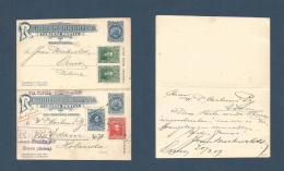 Bolivia. 1909 (20 March) Oruro - Netherlands, Edam. Registered Doble 2c Blue Stationary Card + Adtls Used One Way. Via T - Bolivie