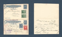 Bolivia. 1909 (20 March) Oruro - Netherlands, Edam. Registered Doble 2c Blue Stationary Card + Adtls Used One Way. Via T - Bolivia