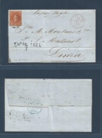 Chile. 1854 (14 March) Santiago - Lima, Peru. EL Full Text Endorsed "Vapor Ingles" + Fkd 5c Litho Full Margins + Red Dep - Cile