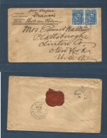 Dominican Rep. 1892 (Nov 5) Puerto Plata - USA, NYC, Plattsbung (17 Nov) Via NYC (16 Nov) Fkd Env 5c Blue Pair (the Bett - Repubblica Domenicana