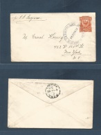 Dominican Rep. 1895 (20 March) Santo Domingo - USA, NYC (14 April) "per SS Saginaw". 10c Orange Stat Env, Bllue Large Ov - Repubblica Domenicana