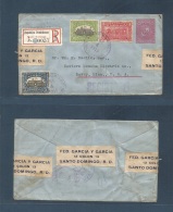 Dominican Rep. 1915 (Ene 4) Santo Domingo - USA, Bovey, Minn. Registered + 3 Adtls 10c Red /blusih Stationary Envelope. - Dominicaine (République)