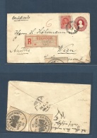 Ecuador. 1895 (Dec) Quito - Austria, Wien (25 Jan) 96) Registered 10c Red Stat Env + 10c Adl + R-label + Arrival Austria - Equateur
