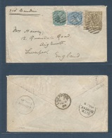 India. 1884 (8 July) Kashmir Combination Cover. Envelope Franked To Liverpool (Aug 4) Endorsed "via Brindisi" 1/2a And 4 - Other & Unclassified