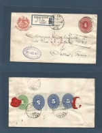 Mexico - Stationery. 1892 (25 Aug) Celaya - France, Paris (11 Sept) Registered 4c Red SPM Stat Env + 4 Adtls Large Numer - México