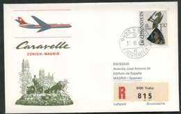 1967 Liechtenstein, Primo Volo First Fly Erster Jet-Flug Swissair Zurigo - Madrid, Timbro Di Arrivo - Lettres & Documents