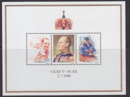 Norway 1988 Birthday King Olav (85Y) M/s ** Mnh (32981A) - Blocs-feuillets