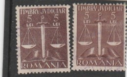 #202  JUDICIAL STAMPS, REVENUE STAMP, 5 LEI, BALANCE, LAW, TWO STAMPS, DIFFERENT COLOUR,  ROMANIA. - Steuermarken