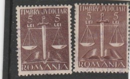 #202  JUDICIAL STAMPS, REVENUE STAMP, 5 LEI, BALANCE, LAW, TWO STAMPS, DIFFERENT COLOUR,  ROMANIA. - Fiscaux