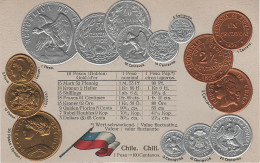 Litho Münzkarte AK Chile Chili Centavo Centavos Peso Pesos Escudo Doblon Condor 1879 Nationalflagge Coin Pièce Moneda - Chili