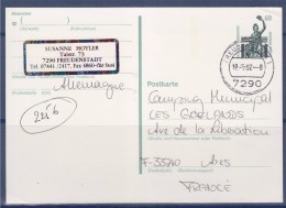 = Carte Entier Postal Allemagne à Ares France Oblitérée  Freudenstadt 12.5.92 - Cartoline - Usati