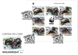 MOZAMBIQUE 2016 FDC WWF African Clawless Otter Kapotter M/S 8v - IMPERFORATED - A1641 - Oblitérés