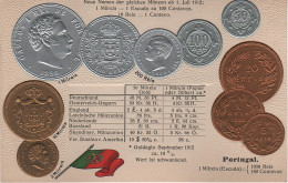 Litho Münzkarte AK Portugal Centavo Centavos Reis Milreis Escudo Escudos 1882 Carlos Nationalflagge Coin Pièce Moneda - Monnaies (représentations)