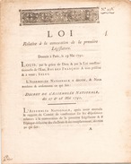 LOI RELATIVE A LA CONVOCATION DE LA PREMIERE LEGISLATIVE DU 29 MAI 1791 N° 938 - Décrets & Lois