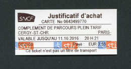 Ticket De Train SNCF "Complément De Parcours - Cergy - St Christophe - Pontoise" - Transportation Railway Ticket - Europe