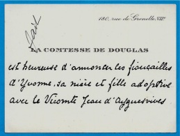 Carte De Visite Faire-Part Noblesse LA COMTESSE DE DOUGLAS 75007 PARIS Fiançailles Yvonne & Vicomte D'Ayguesvives - Fiançailles