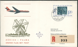 1966 Liechtenstein, Primo Volo First Fly Erste Flug Swissair  Zurigo - Palma De Mallorca , Timbro Di Arrivo - Cartas & Documentos