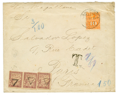 CHILE : 1897 10c Canc. SANTIAGO On Envelope To FRANCE Taxed On Arrival With 50c POSTAGE DUE(x3). Vf. - Cile