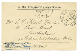 GILBERT & ELLICE To MALAYA : 1918 ON HIS MAJESTY'S SERVICE On Envelope(fault) From OCEAN ISLAND To SEREMBAN MALAY ST - Otros & Sin Clasificación