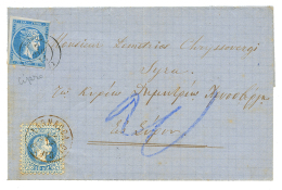 1872 10 SOLDI Canc. LARNACA DI CIPRO + GREECE 20l(fault) On Entire Letter. Verso, LLOYD AGENZIE SMIRNE. Rare Mixed Frank - Autres & Non Classés