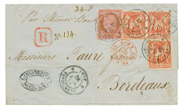 INDES : 1878 CG 10c CERES + 40c SAGE(x3) Obl. INDE PONDICHERY Sur Enveloppe RECOMMANDEE Pour La FRANCE. Les Lettres RECO - Autres & Non Classés